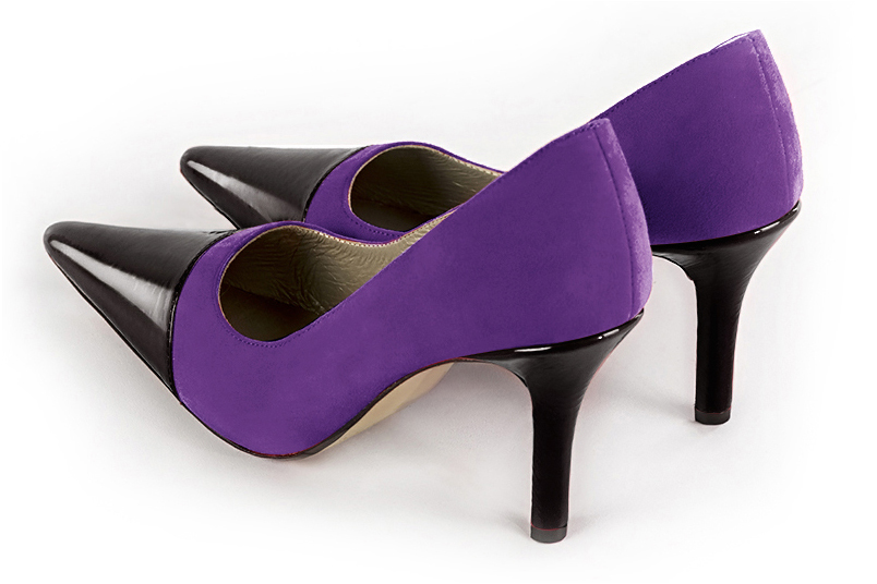 Gloss black and violet purple women's dress pumps,with a square neckline. Pointed toe. High slim heel. Rear view - Florence KOOIJMAN